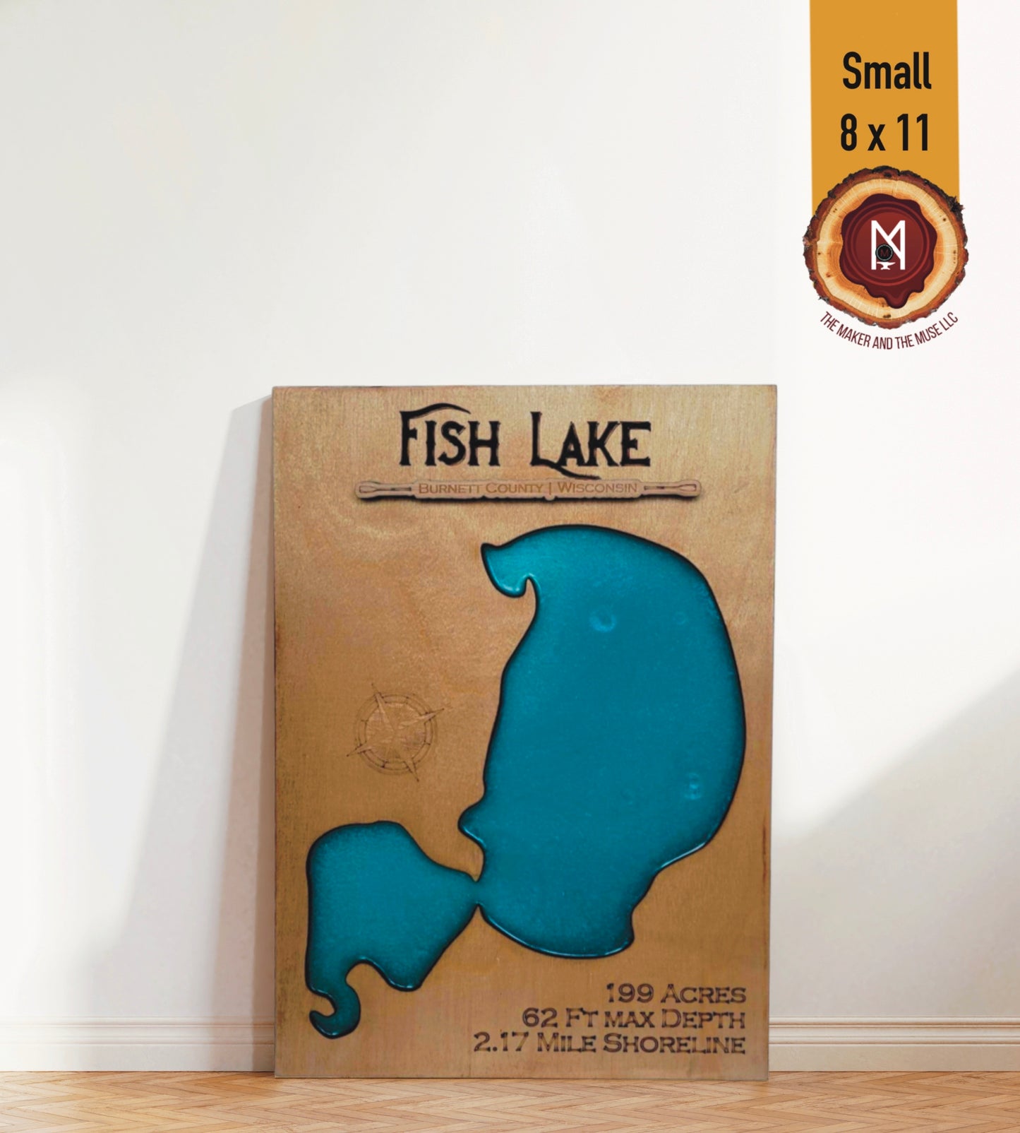 Fish Lake Resin Wall Art | Burnett County WI | Lake Map | Wood Lake Map