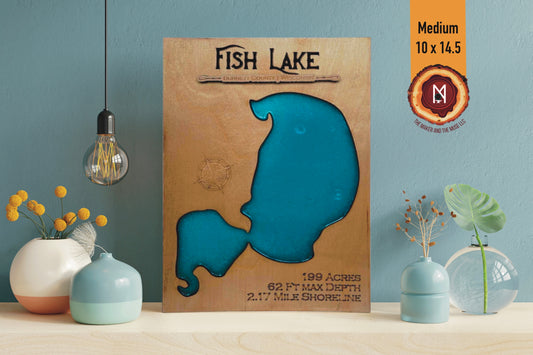 Fish Lake Resin Wall Art | Burnett County WI | Lake Map | Wood Lake Map