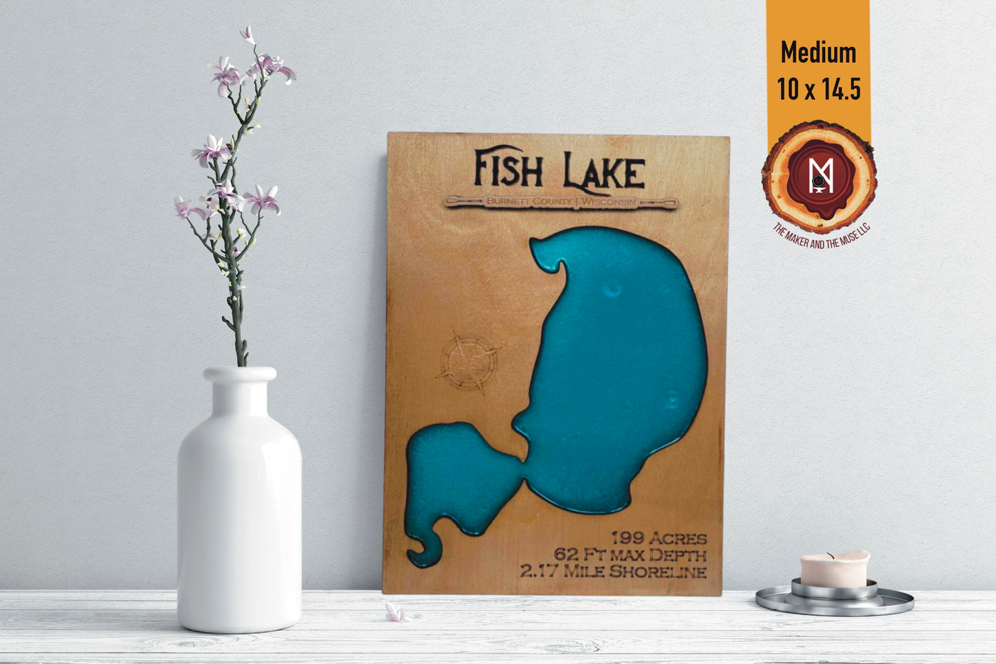 Fish Lake Resin Wall Art | Burnett County WI | Lake Map | Wood Lake Map