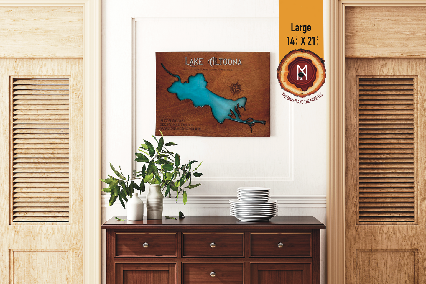 Lake Altoona Resin Wall Art | Eau Claire County WI | Lake Map | Wood Lake Map