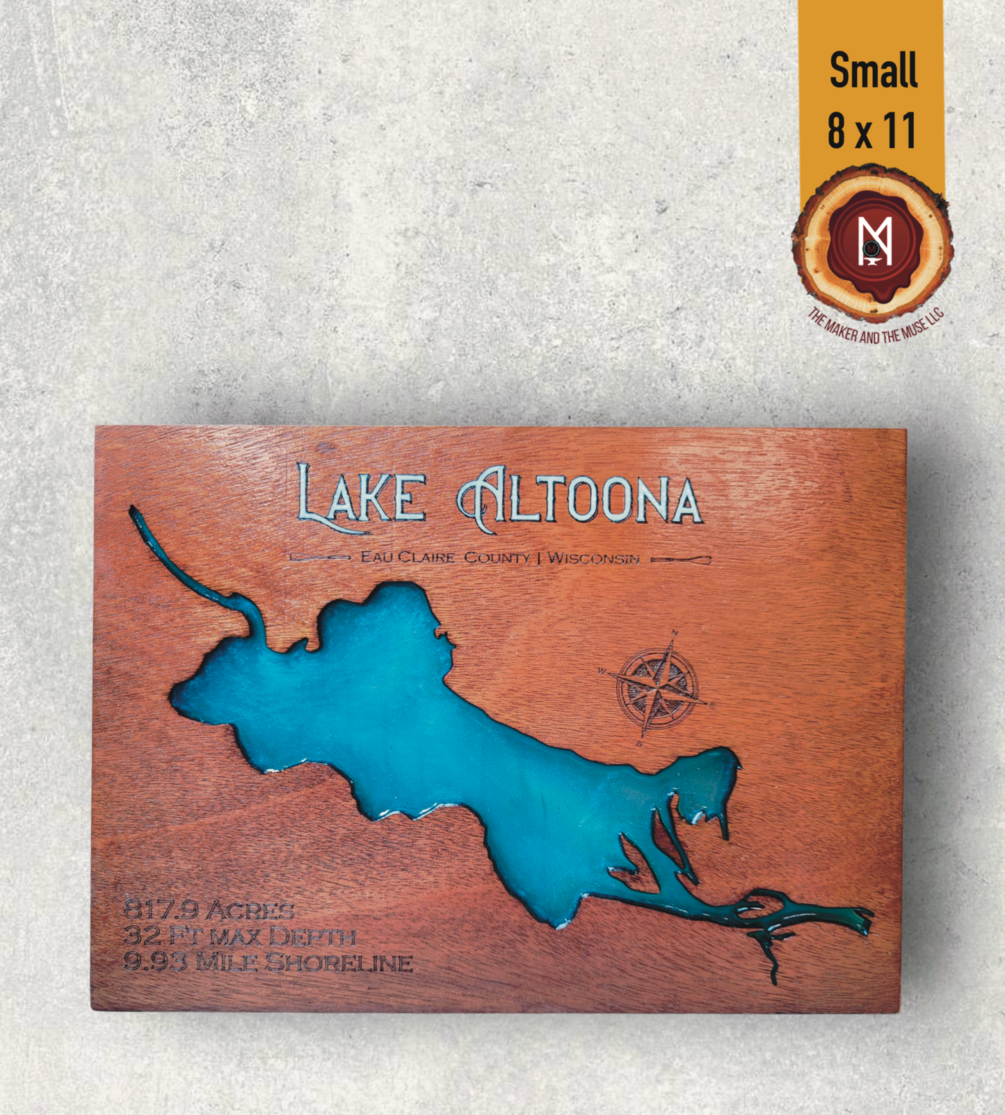 Lake Altoona Resin Wall Art | Eau Claire County WI | Lake Map | Wood Lake Map