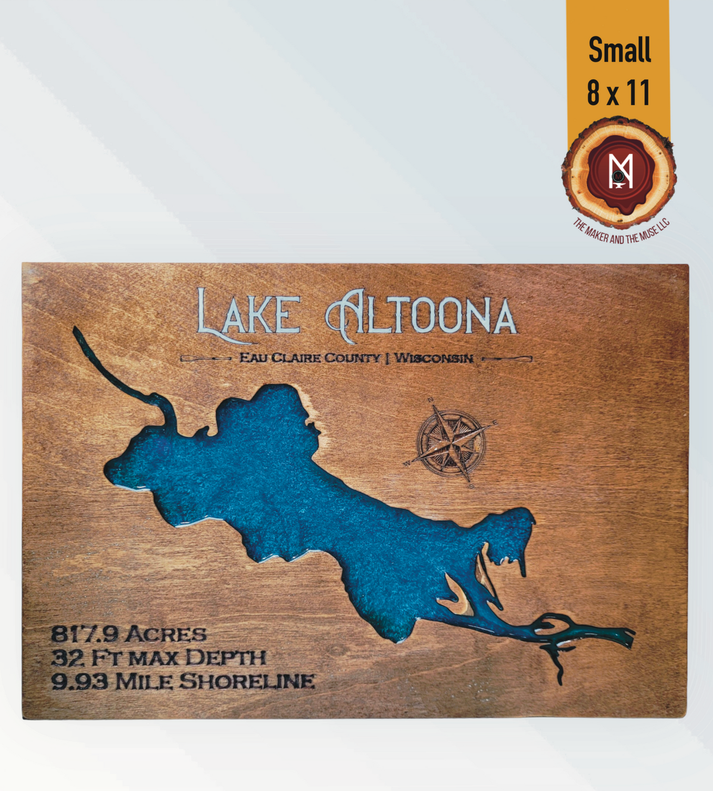 Lake Altoona Resin Wall Art | Eau Claire County WI | Lake Map | Wood Lake Map