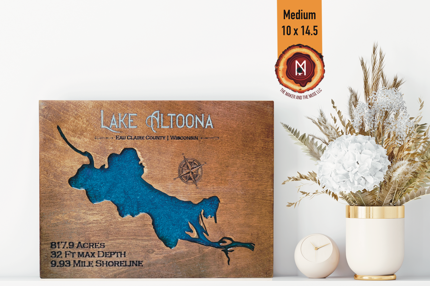 Lake Altoona Resin Wall Art | Eau Claire County WI | Lake Map | Wood Lake Map