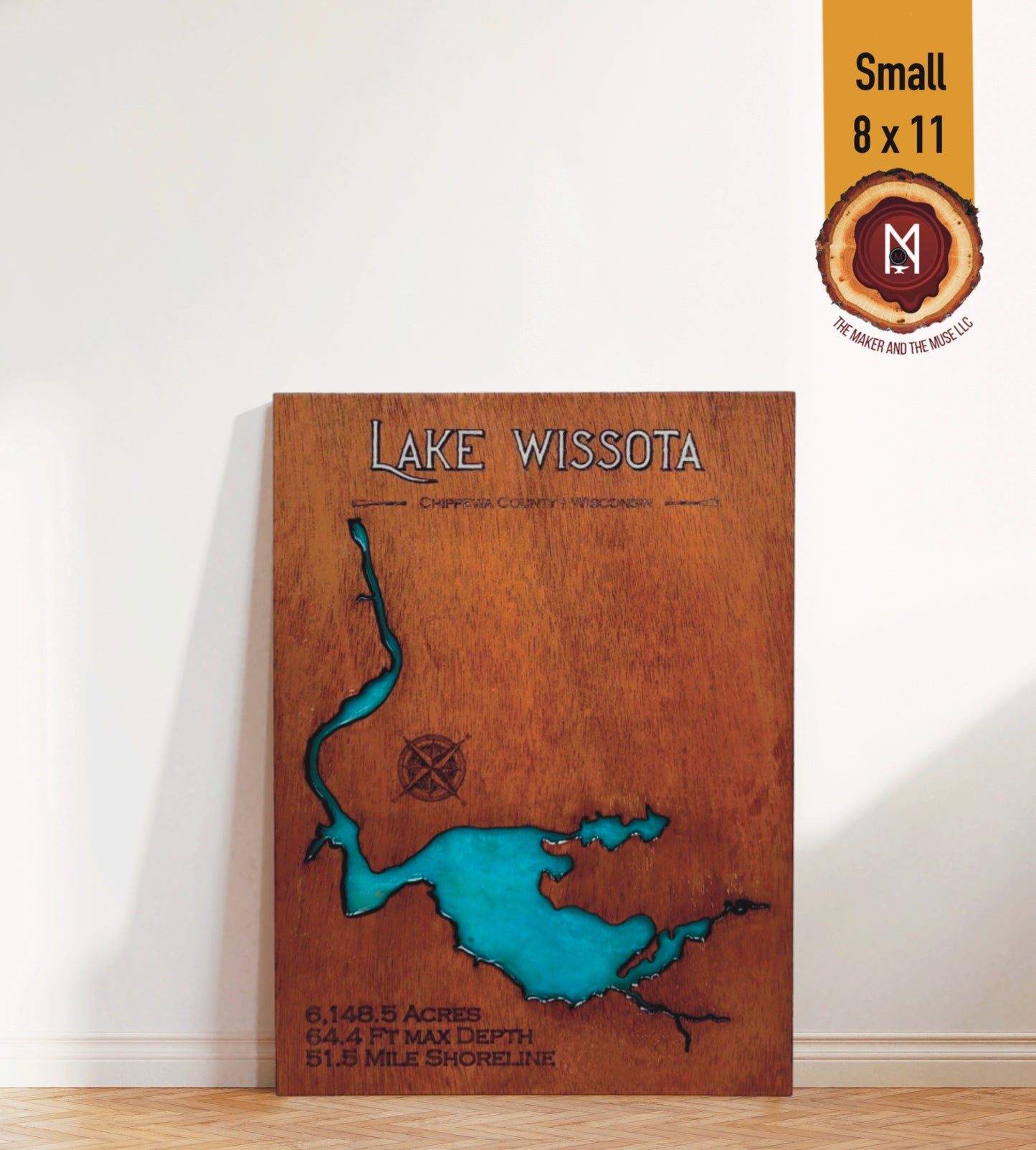 Lake Wissota Resin Wall Art | Eau Claire County WI | Lake Map | Wood Lake Map