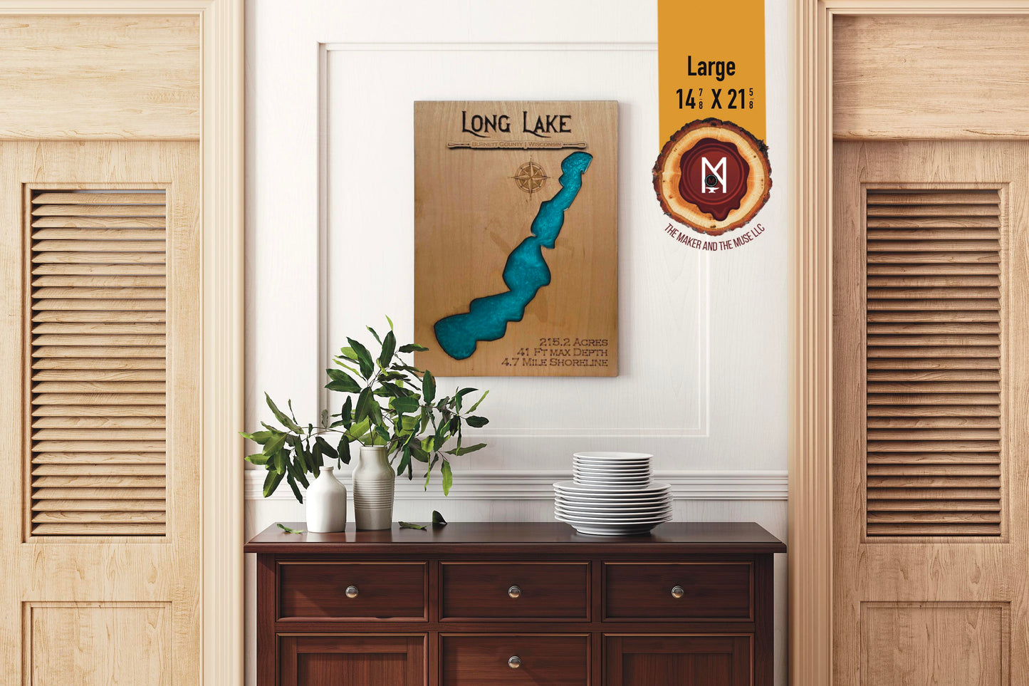 Long Lake Resin Wall Art | Burnett County WI | Lake Map | Wood Lake Map