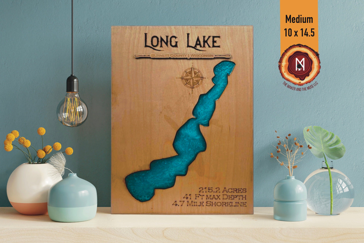 Long Lake Resin Wall Art | Burnett County WI | Lake Map | Wood Lake Map