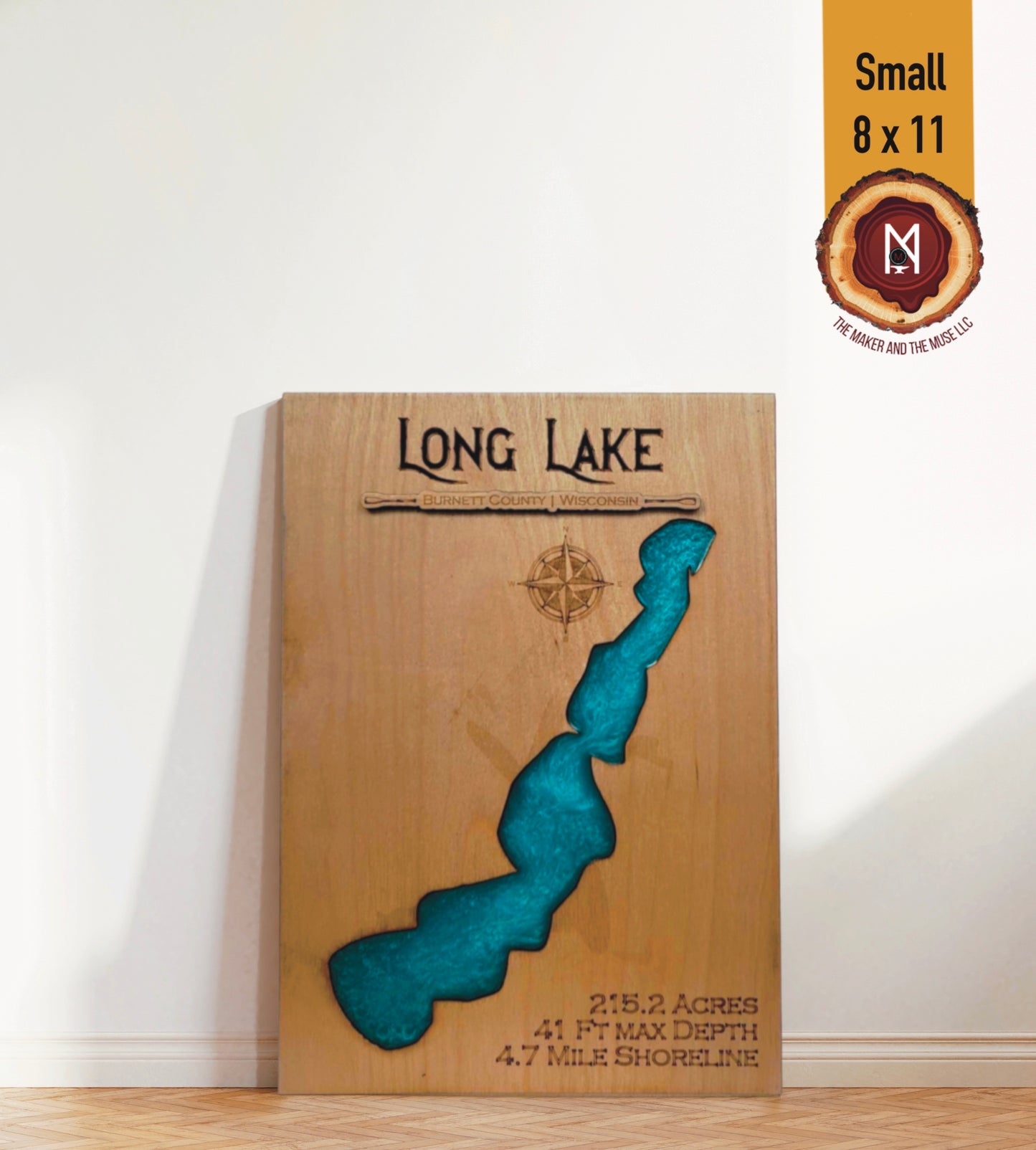 Long Lake Resin Wall Art | Burnett County WI | Lake Map | Wood Lake Map