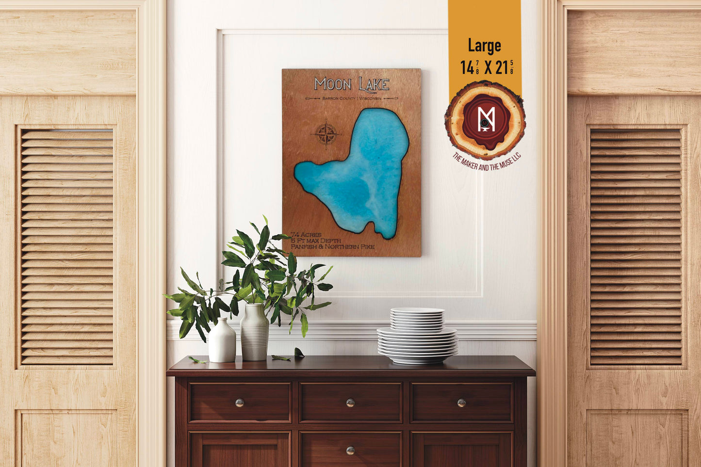 Moon Lake Resin Wall Art | Barron County WI | Lake Map | Wood Lake Map