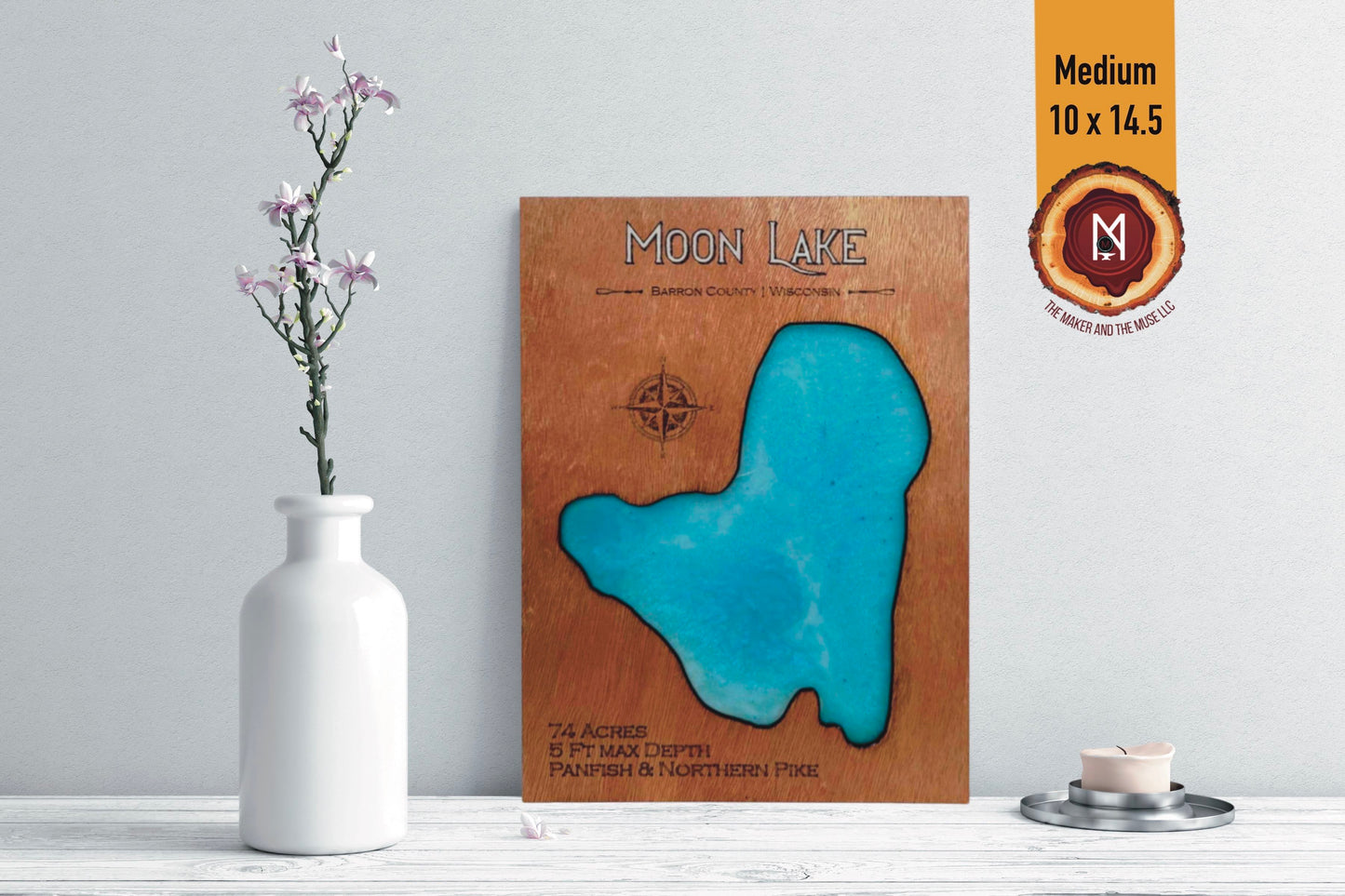 Moon Lake Resin Wall Art | Barron County WI | Lake Map | Wood Lake Map