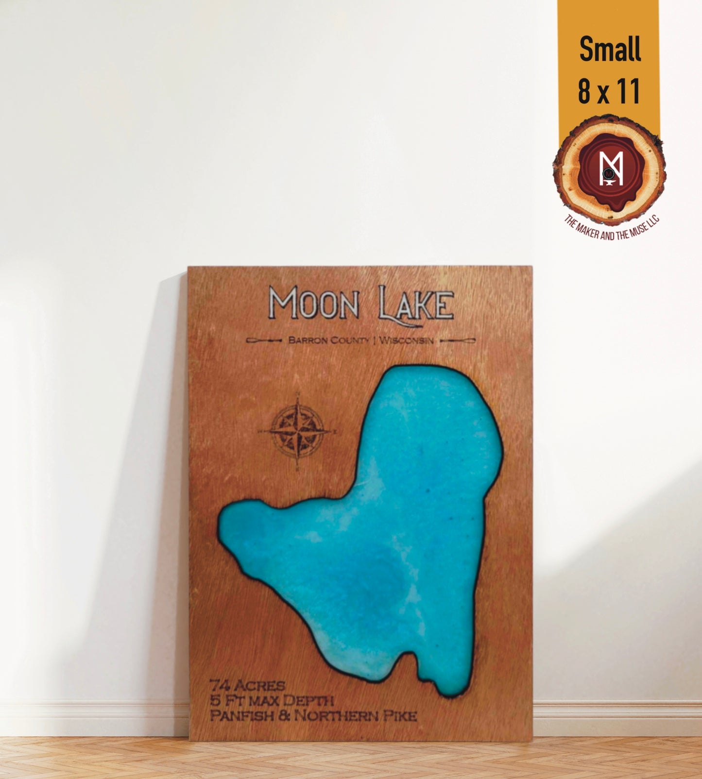 Moon Lake Resin Wall Art | Barron County WI | Lake Map | Wood Lake Map